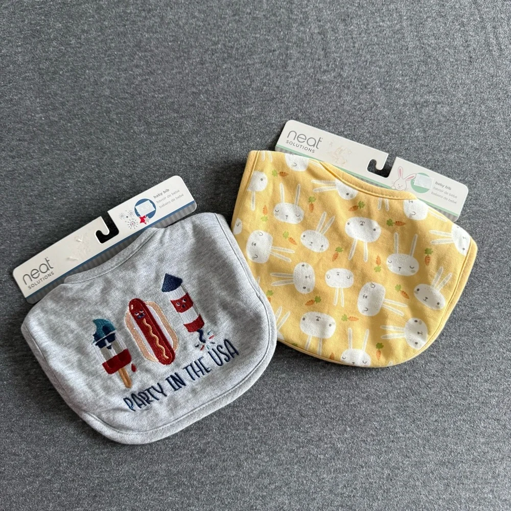 NWT (2) Neat Solutions Bibs size 0-6 months Boy or Girl Easter Bunny, 4th July